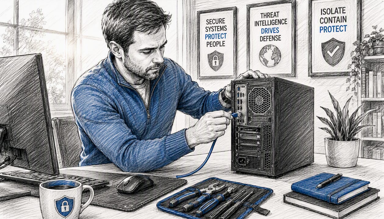 Cybersecurity analyst unplugging network cable to contain ransomware